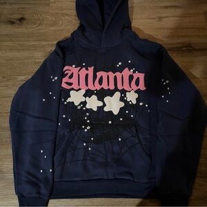 Navy Hoodie with Pink and White Design